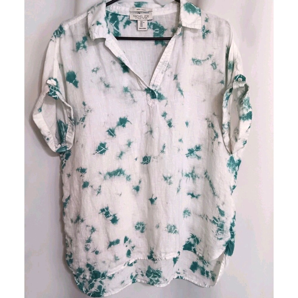 Rachel Zoe 100% Linen  Tie-die Blouse Sz L Teal And White Roll Tab Sleeves